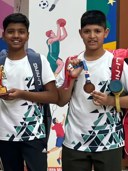 Avik Jain and Saksham Basoya of Pacific World School proudly display their medals after securing the second runner-up position at the inter-school badminton tournament. Their consistent training has clearly paid off.