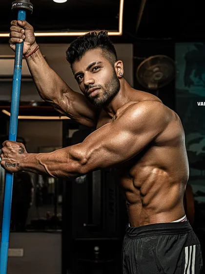 A professional shot of me holding a barbell. This represents my commitment to a handmade, sculpted physique through relentless effort.