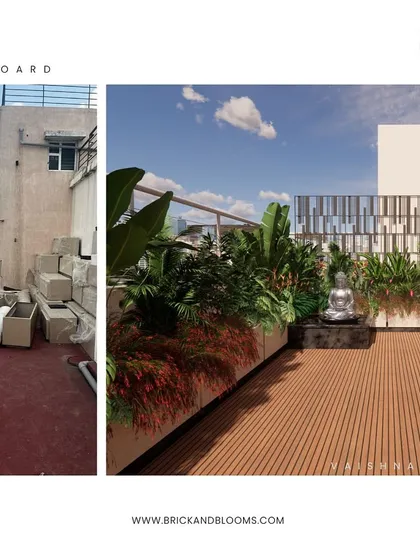A side-by-side comparison of the rooftop before and our proposed Zen deck. This shows how we can bring order, beauty, and function to even the most chaotic spaces.