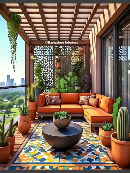 For clients with larger balconies or terraces, I can create expansive outdoor living rooms. This design features a full-sized L-shaped sofa, a large coffee table, and a variety of cacti and succulents for a desert-modern vibe. The patterned floor tiles and pergola roof complete this stylish and functional entertainment area.