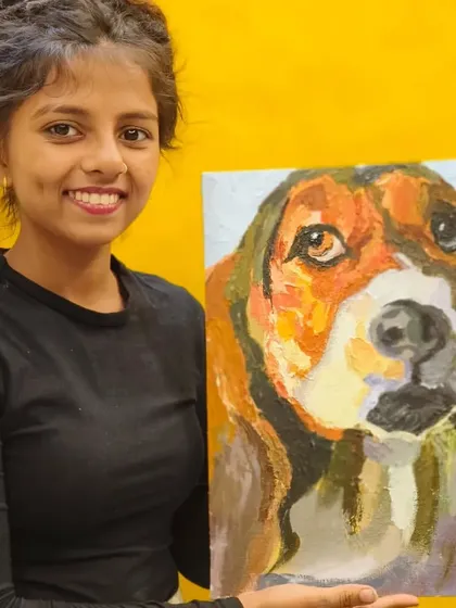 This charming dog portrait was created using a palette knife, proving the technique's versatility. The artist skillfully used the knife to suggest the texture of fur and the dog's soft expression.
