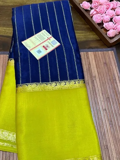 A navy blue and lime green wrinkle crepe Mysore silk saree.