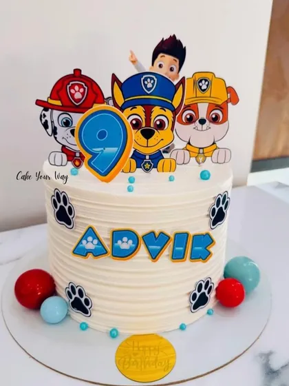 The Paw Patrol is on a roll for Advik's 9th birthday. This clean, simple design focuses on the beloved characters and their iconic paw prints.