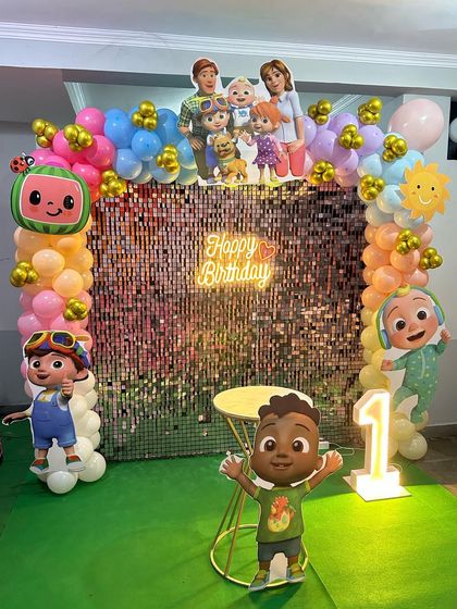 A clear, straight-on shot of the Cocomelon first birthday backdrop, perfect for photos.