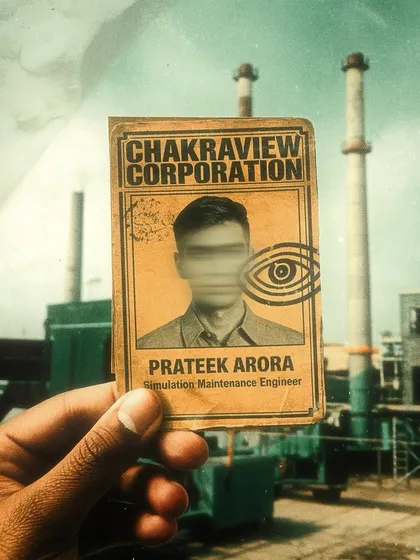 A creative self-portrait where I'm holding a fictional ID card for the 'Chakraview Corporation'. I use images like this to promote my projects and build my personal brand.