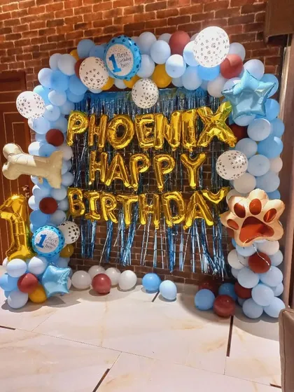A special birthday party for a pet dog named Phoenix. The setup includes a 'Happy Birthday' banner, a number '1' balloon, and paw-print foil balloons.