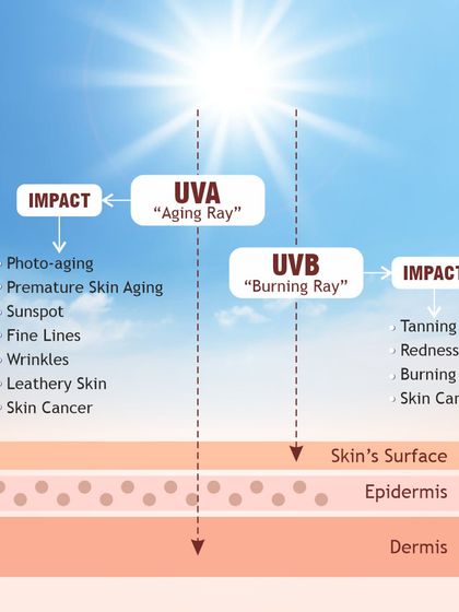 This diagram illustrates how UVA ("Aging") rays penetrate deep into the dermis causing premature aging, while UVB ("Burning") rays affect the surface, causing tanning and sunburn.
