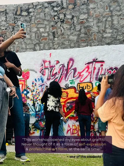 The best part of any workshop is seeing this moment. Students at the IIT Delhi fest capturing their work, proud of what they created. The testimonial here says it all: graffiti is a real art form, a tool for self-expression that we explore together.