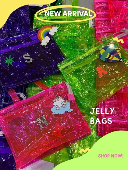 A vibrant collection of our personalized neon jelly pouches, perfect for return gifts. This image showcases different colors like purple, green, and pink, each customized with unique initials and cute patches.