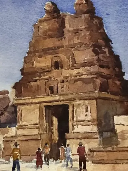 A finished watercolor landscape of Hampi, demonstrated live at the Kalakari Festival in Satara. Working with watercolors requires a quick and confident hand, especially in a live setting, to capture the light and atmosphere.