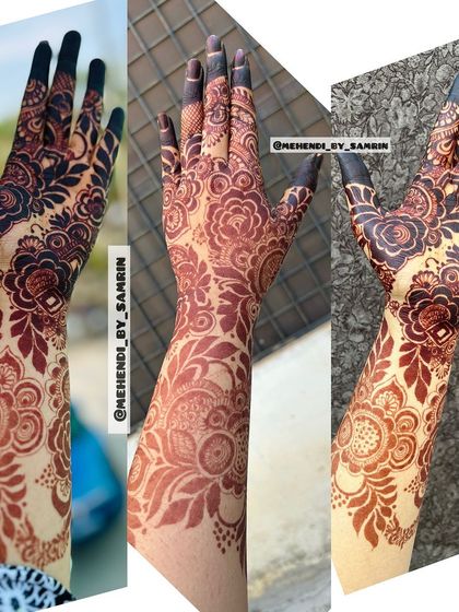 A collage showing the progression and final result of a beautiful henna stain. It starts with a good design and ends with a stunning, dark color.