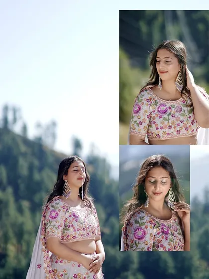 This collage focuses on capturing solo bridal portraits outdoors. We teach posing techniques that feel natural and elegant, using the soft mountain light to highlight the intricate details of the Mehandi outfit and the bride's serene expression.