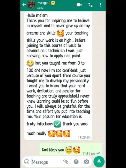 This heartfelt message from a student shows the journey from knowing just the basics to becoming a confident nail technician. My goal is to support you every step of the way.