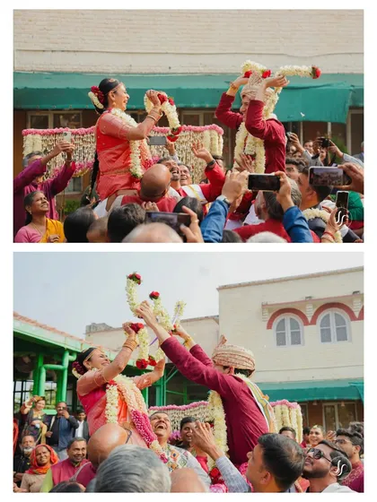 A collage of a lively jaimala ceremony where the bride and groom are lifted up by their families.