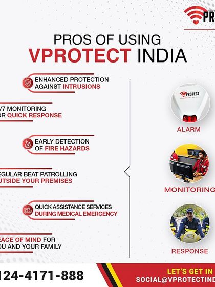 These are the pros of using VProtect for your home. We offer enhanced protection against intrusions, 24/7 monitoring for quick response, early detection of fire hazards, regular beat patrolling, and quick assistance during medical emergencies.