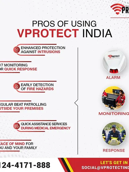 This infographic outlines the pros of using VProtect. From enhanced protection against intrusions and fire hazards to quick medical assistance and regular beat patrolling, we provide complete peace of mind.