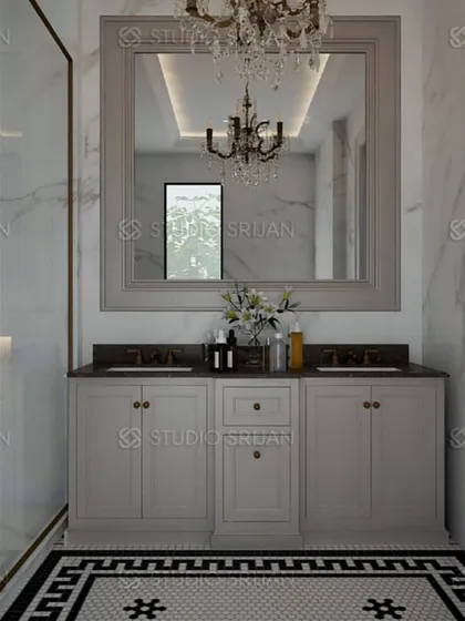 This view highlights the custom double vanity with a large, framed mirror and a classic chandelier, adding a touch of timeless elegance to the bathroom.