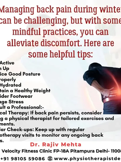 Managing back pain in the winter can be challenging. I advise patients to stay active, warm up properly, and maintain good posture to alleviate discomfort.