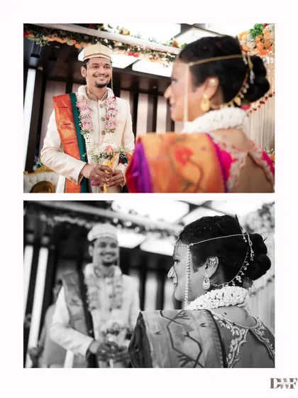 A collage capturing the groom's loving gaze as he sees his bride for the first time during the Antarpat ceremony. The black and white shot adds a timeless feel.