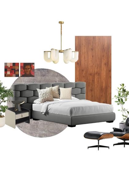 This is the mood board for the master bedroom at Trump Towers. The design amalgamates comfort with sophistication, using warm wood tones, a textured grey headboard, and classic furniture like the Eames lounge chair to create a harmonious and inviting ambiance.
