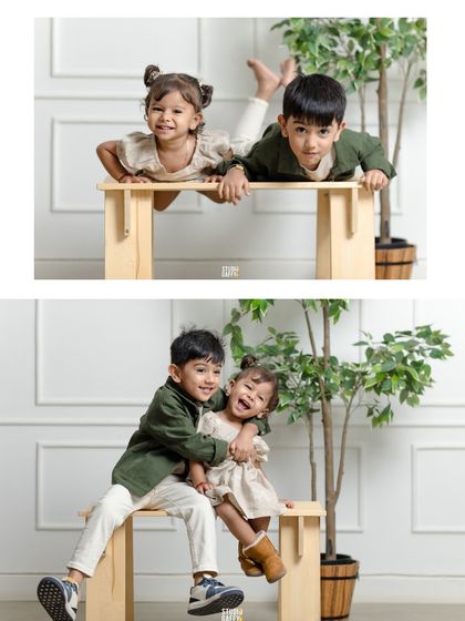 The pure joy of siblings. This brother and sister duo are captured in a series of playful and loving moments, from lying on a bench together to sharing a big, happy hug.