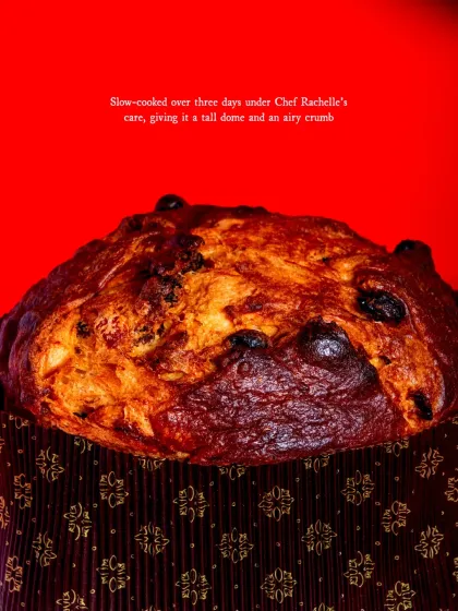 The tall, domed top of the Panettone is a sign of a perfect, slow-proofed bake. The crust is beautifully caramelized and full of flavour.