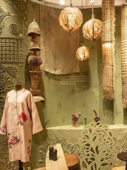 A curated corner of the 'Edge of the Forest' installation, showcasing traditional materials and techniques. The space combines handcrafted objects, natural textures, and artisanal products to tell a story of healing through ancestral wisdom.