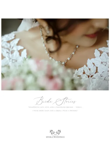 A close-up on the bride's delicate necklace and the lace detail of her dress, a testament to the fine details that make a wedding look complete.
