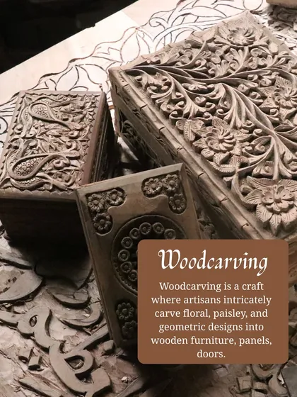 Woodcarving is a signature craft at Walnut. This image shows intricately carved wooden boxes with floral and paisley designs, a technique we use on furniture, panels, and doors to add artisanal texture.