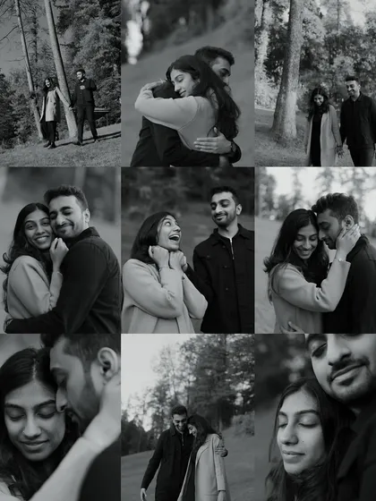 A collage of candid and emotional black and white moments. This collection is filled with genuine laughter, surprised expressions, and tender embraces, telling a rich story of their connection.