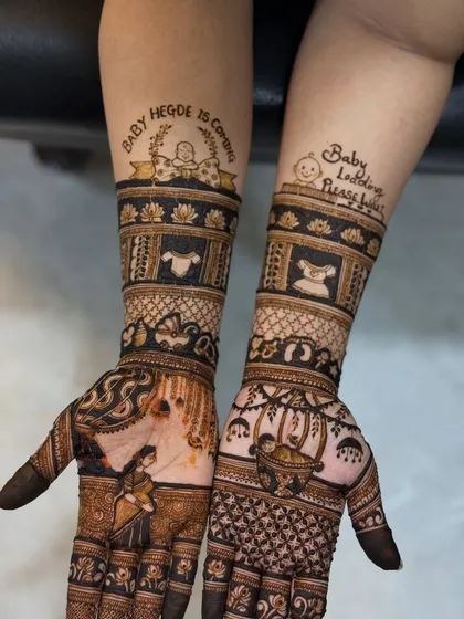 A final look at this fun and personalized baby shower mehendi, a perfect way to celebrate the mom-to-be.
