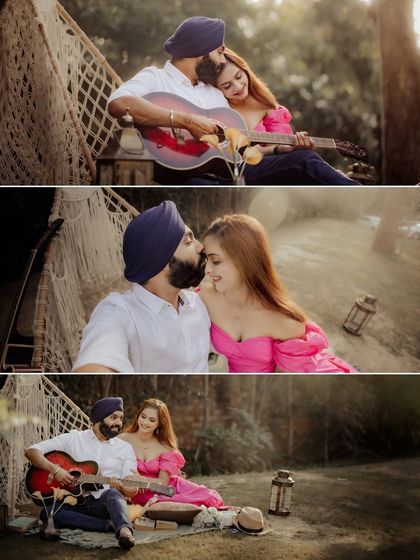 A collage telling a story of a romantic picnic. The groom plays the guitar for his bride-to-be, creating a sweet, intimate, and musical moment.