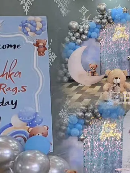 A collage showing the welcome sign and the main stage decoration for Hanishka's teddy bear themed party. I ensure all elements of the decor are coordinated.