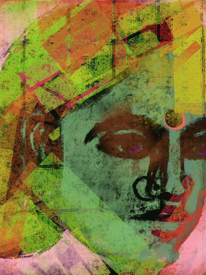 "Abstract 8," a digital artwork that layers a figurative portrait with geometric shapes and textures. It's an exploration of identity and perception.