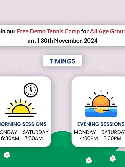 Join our free demo tennis camp for all age groups in Vidisha. We offer flexible morning and evening sessions from Monday to Saturday to fit your schedule.