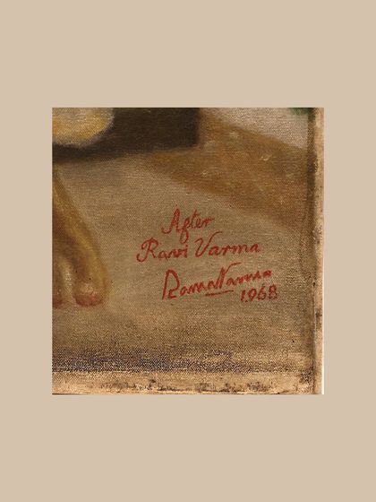 The historic signature on the 'Mahananda' canvas: “After Ravi Varma — Rama Varma, 1968.” Cleaning and preserving this detail was crucial to honoring the painting's unique story of artistic homage.