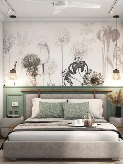 A bedroom design for our Adani Samsara Vilas project, featuring a beautiful floral wallpaper, track lighting, and a soft, neutral color palette.