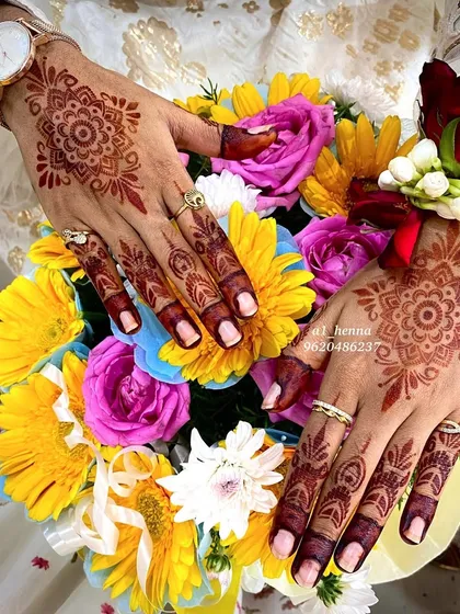 The beautiful result of my instant henna cones, perfect for when you need a gorgeous stain quickly. This rich, reddish-brown mandala design developed in just a short time, making it ideal for parties and festivals.