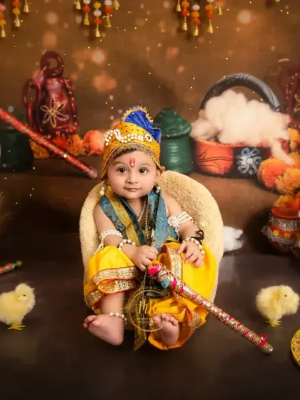 Another pose from the Little Krishna set, with the baby holding a small flute (bansuri) and surrounded by props like clay pots and marigolds.