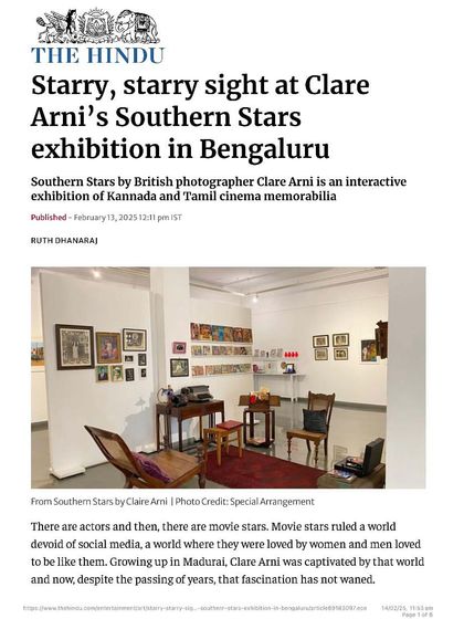 A feature article in The Hindu about Clare Arni's 'Southern Stars' exhibition. Press coverage is essential for sharing the stories of our exhibitions with a wider audience.