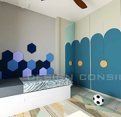Another view of the kids' room design, showing the honeycomb-patterned upholstered headboard. This not only looks great but also provides a soft, safe surface for kids.