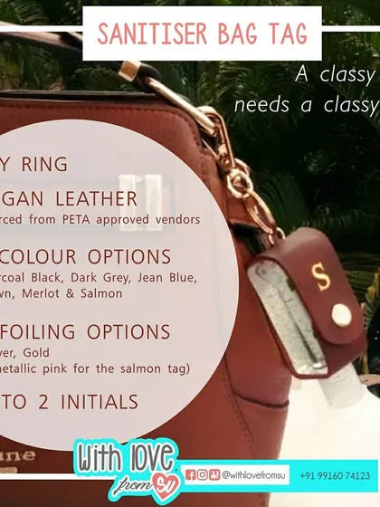 Stay safe and stylish with a personalized sanitizer bag tag. Made from PETA-approved vegan leather and customized with your initials in gold or silver foil, it's a classy accessory for any bag.