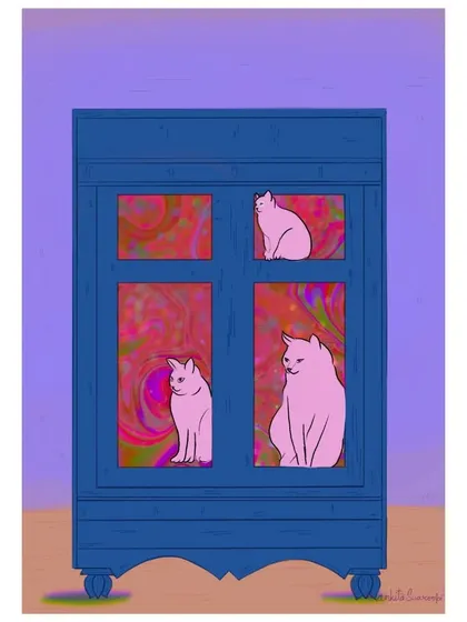 Here I experimented with a blue cupboard and pink cats. Each small step and color change is part of my journey in learning and growing as an artist.