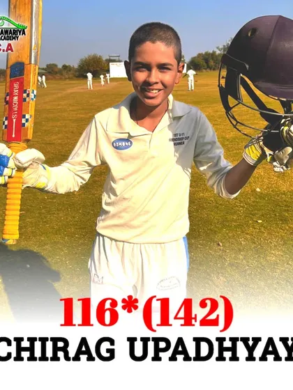 Chirag Upadhyay celebrating his century with a big smile and his helmet off. Scoring back to back centuries shows his amazing consistency and form.
