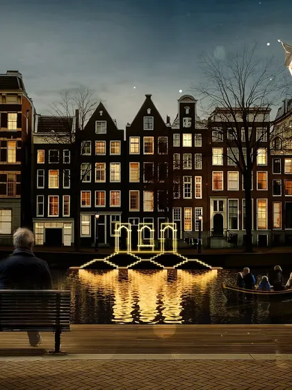 Our light installation, 'Echoes of the Deep', reimagines an ancient Indian step-well on an Amsterdam canal. This piece, seen here from a contemplative viewpoint, uses glowing geometric forms to create an architecture of light, inviting passersby to pause and reflect on the idea of stillness in a busy city.