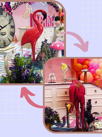 Be a flamingo: stay balanced and always be fabulous. This graphic highlights some of the unique props, like the pink flamingo, that added a quirky and stylish touch to a butterfly-themed party.