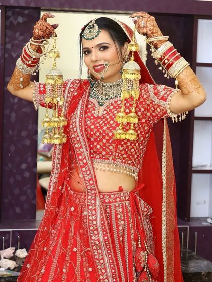 The complete bridal attire with makeup and hair. We focus on creating a cohesive look where the makeup complements the outfit, jewelry, and hairstyle for a stunning overall effect.