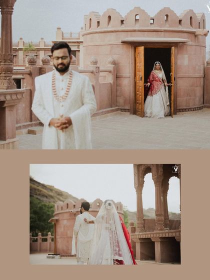 A collage capturing a first look from a distance. The bride emerges from a doorway to meet her groom on the palace rooftop, creating a scene straight out of a fairy tale.