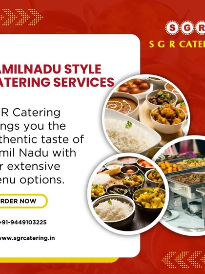 Our extensive menu options bring you the authentic taste of Tamil Nadu. This collage shows a variety of dishes, from sweets like gulab jamun to savory buffet items, highlighting our diverse offerings.