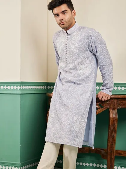 Our serene lavender kurta, featuring all-over floral hand-embroidery in white thread for a soft, romantic look.